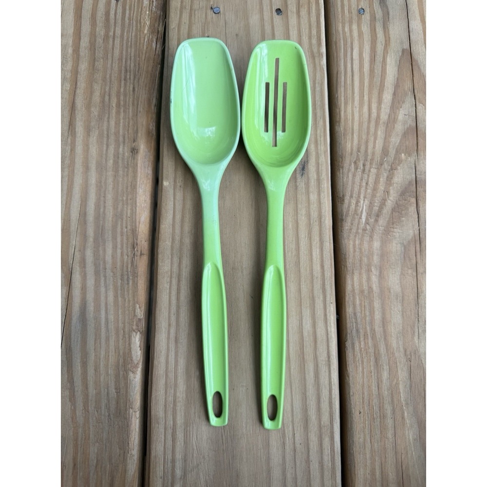 2 Vintage Foley Lime Green Slotted Spoon and Serving Spoon Kitchen Utensils